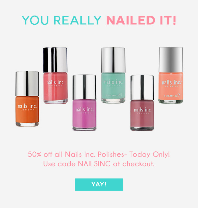 50% off all Nails Inc. Polishes- Today Only! Use code NAILSINC at checkout.