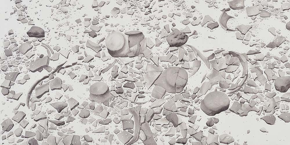 A monochrome watercolour painting of fragments of pottery by Ali Kazim