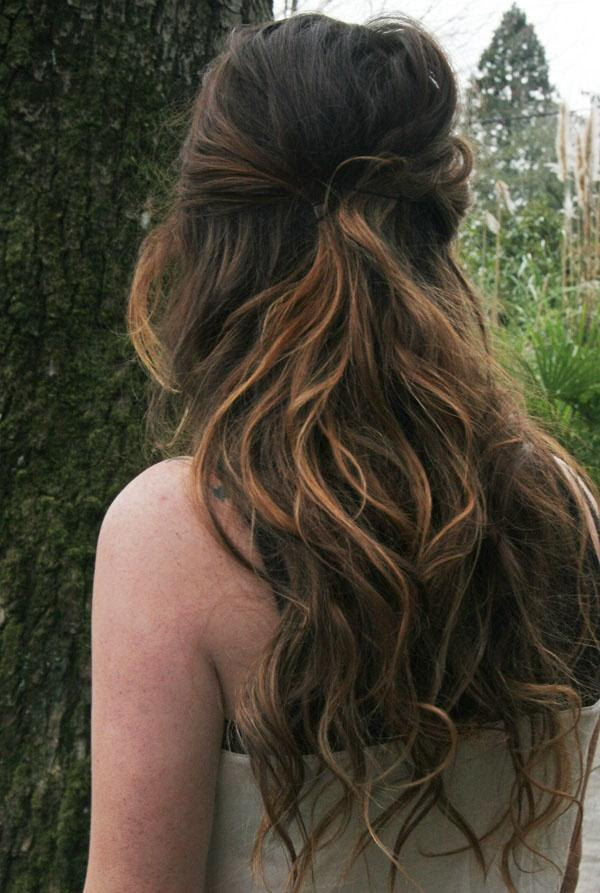 Crown braided long hair with blonde highlights. Wavy Half Up Ombre Hairstyles How To