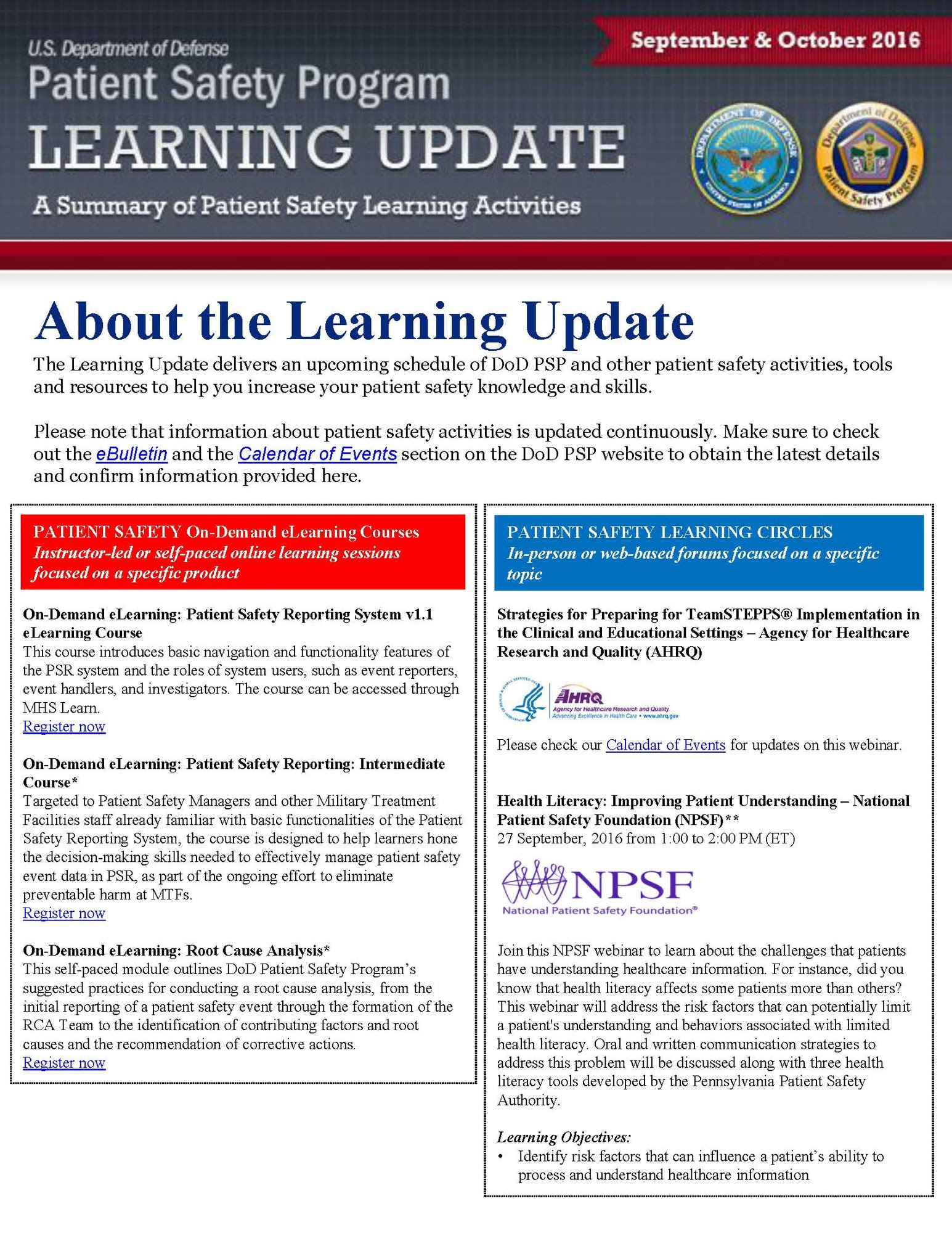 Learning Update September October 2016