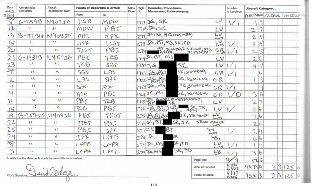 Image of page 110 of Epstein flight logs.