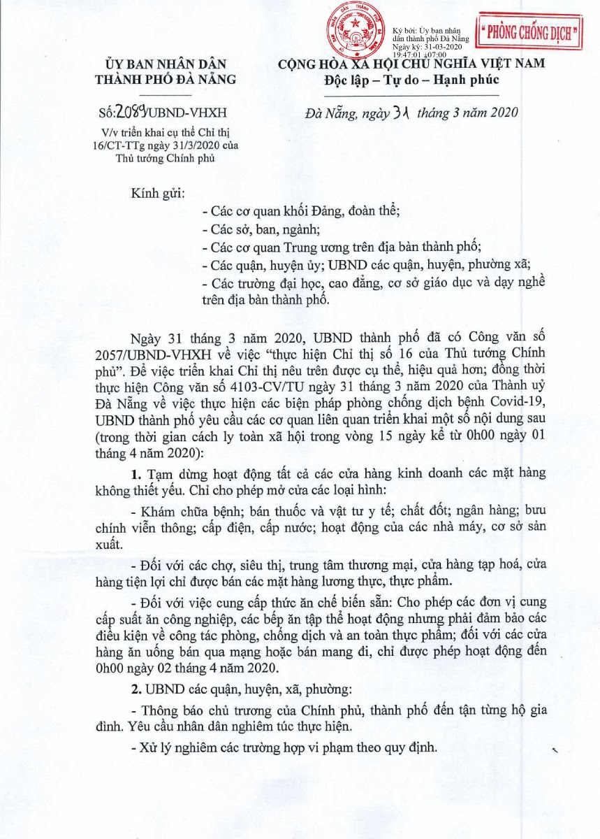 Theo ông nguyễn văn quảng, bí thư thành uỷ đà nẵng, thành phố sẽ thực hiện các biện pháp mạnh hơn, cao hơn chỉ thị 16 của thủ tướng; Triá»ƒn Khai Chá»‰ Thá»‹ Sá»' 16 Ct Ttg Ngay 31 3 2020 Cá»§a Thá»§ TÆ°á»›ng Chinh Phá»§ Vá» Thá»±c Hiá»‡n Cac Biá»‡n Phap Cáº¥p Bach Phong Chá»'ng Dá»‹ch Covid 19