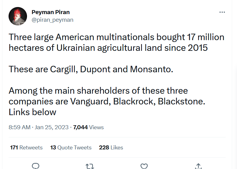 Screen capture talking about how many US agricultural firms have been buying Ukraine farmland.