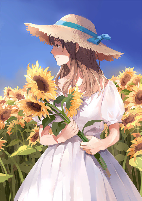 無料イラスト画像 無料印刷可能ひまわり 夏 女の子 イラスト