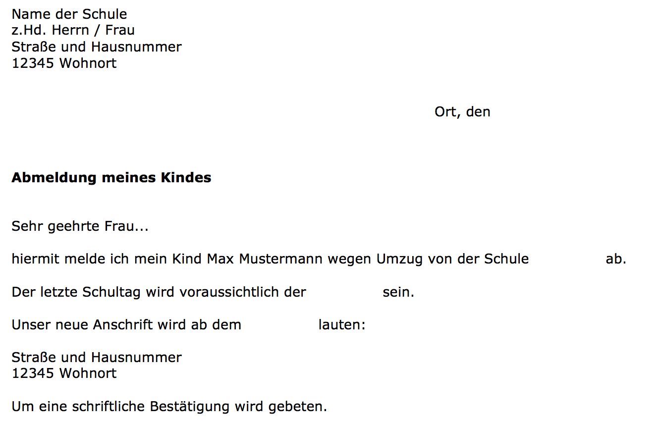 Musterbrief Schulwechsel Wegen Umzug