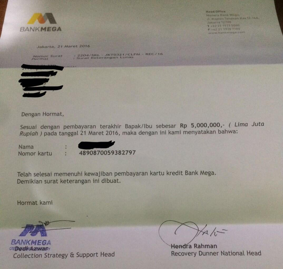 Contoh Surat Pernyataan Pelunasan Cicilan Kartu Kredit ...