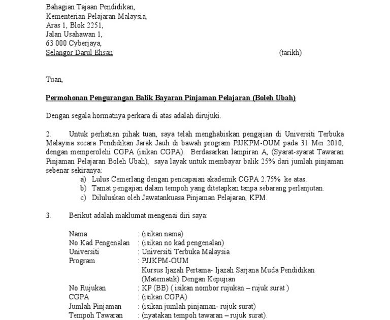 Contoh Surat Rayuan Pengurangan Bayaran Yuran Pengajian