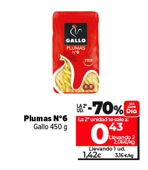 Plumas nº6 Gallo 450g un 70% más barata la segunda unidad. La segunda unidad sale a 0,43€ llevando 2 a 2,06€/kg. llevando una unidad a 1,42€ a 3,16€/kg 