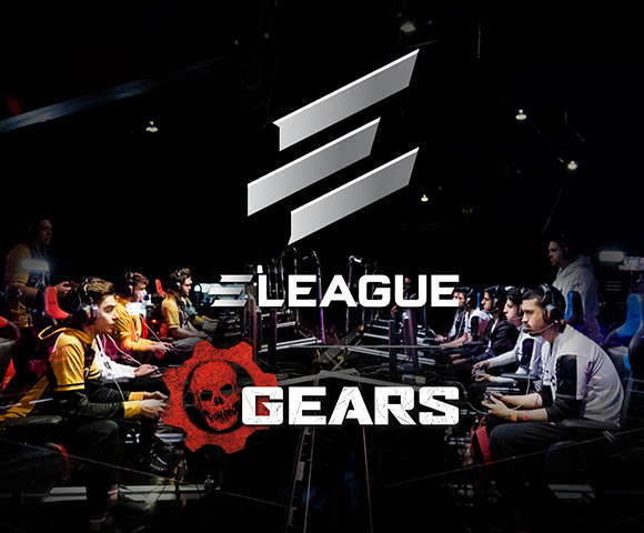 The League Gears promo, featuring a dozen gamers facing computer screens and wearing headsets.