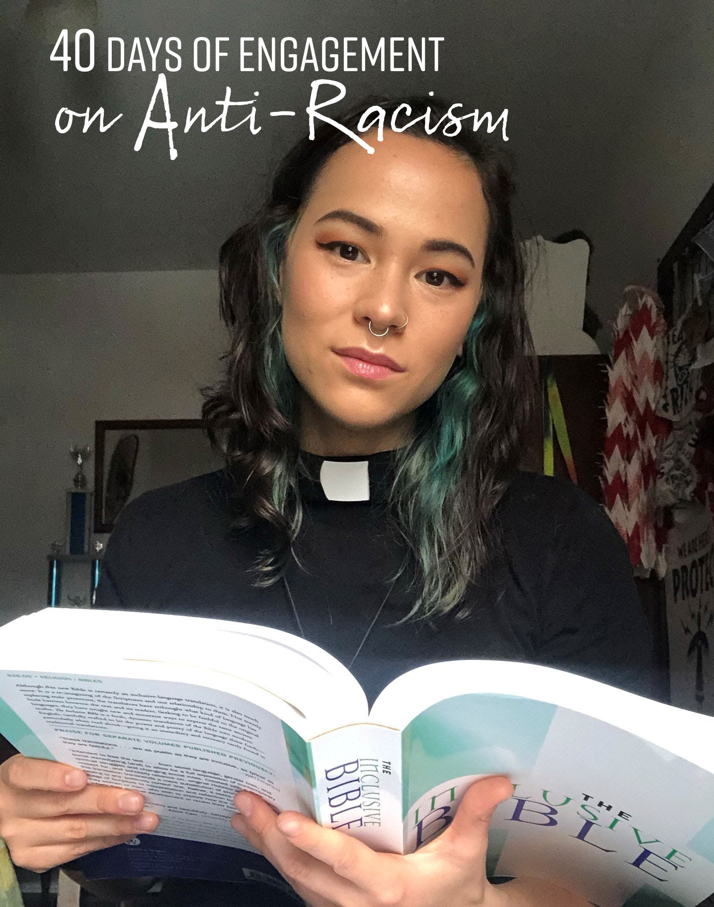 Photo of Michiko holding an open Bible. They are wearing a white clerical collar.