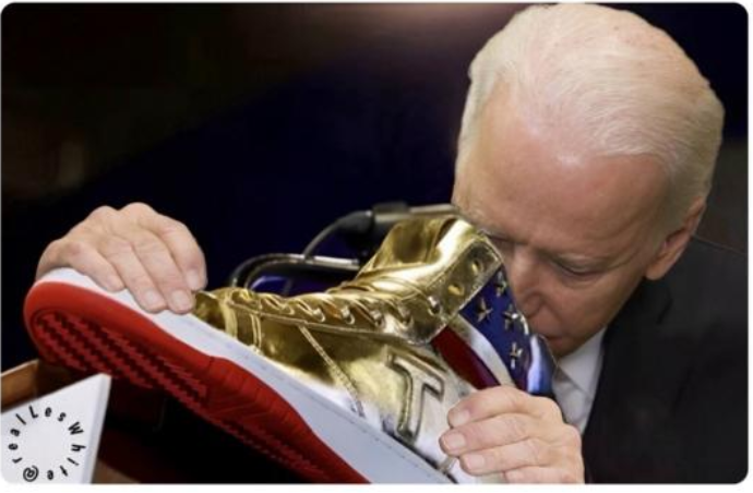 Fake photo showing Joe Biden sniffing a Trump golden sneaker.
