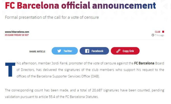 A formal vote by which the members of a legislature or similar deliberative body indicate that they no longer support a leader, government, etc. Barcelona President S Vote Of No Confidence Has Been Reviewed And Will Be Formally Impeached If Passed Teller Report