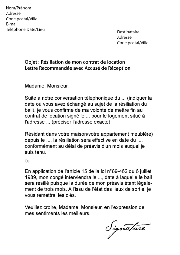 Dans l'attente de votre réponse, je vous prie d'agréer, madame, monsieur, l'expression de mes salutations. Lettre De Resiliation Bail Etudiant Modele De Lettre