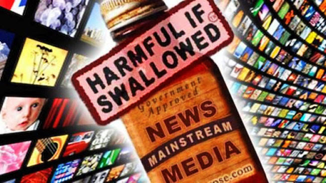 Meme showing Mainstream Media as a syrup with the words "Harmful if Swallowed."\