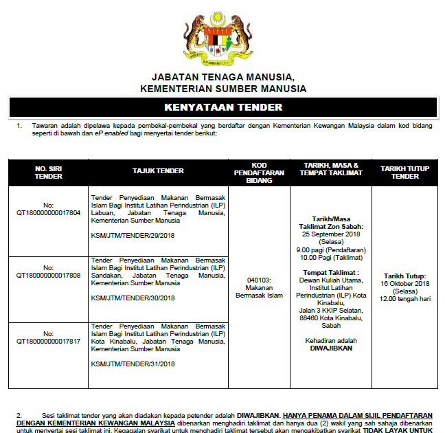 tender makanan bermasak islam 2018