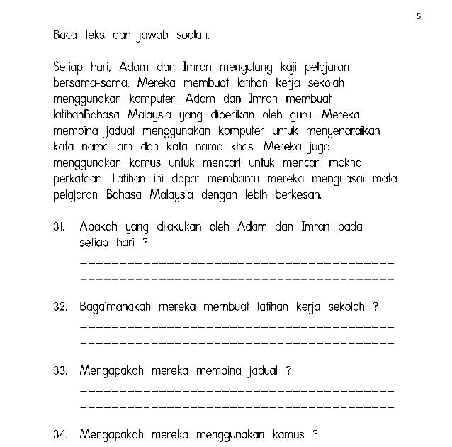 Soalan Bahasa Melayu Pemahaman Tahun 5 Dan Jawapan - x 