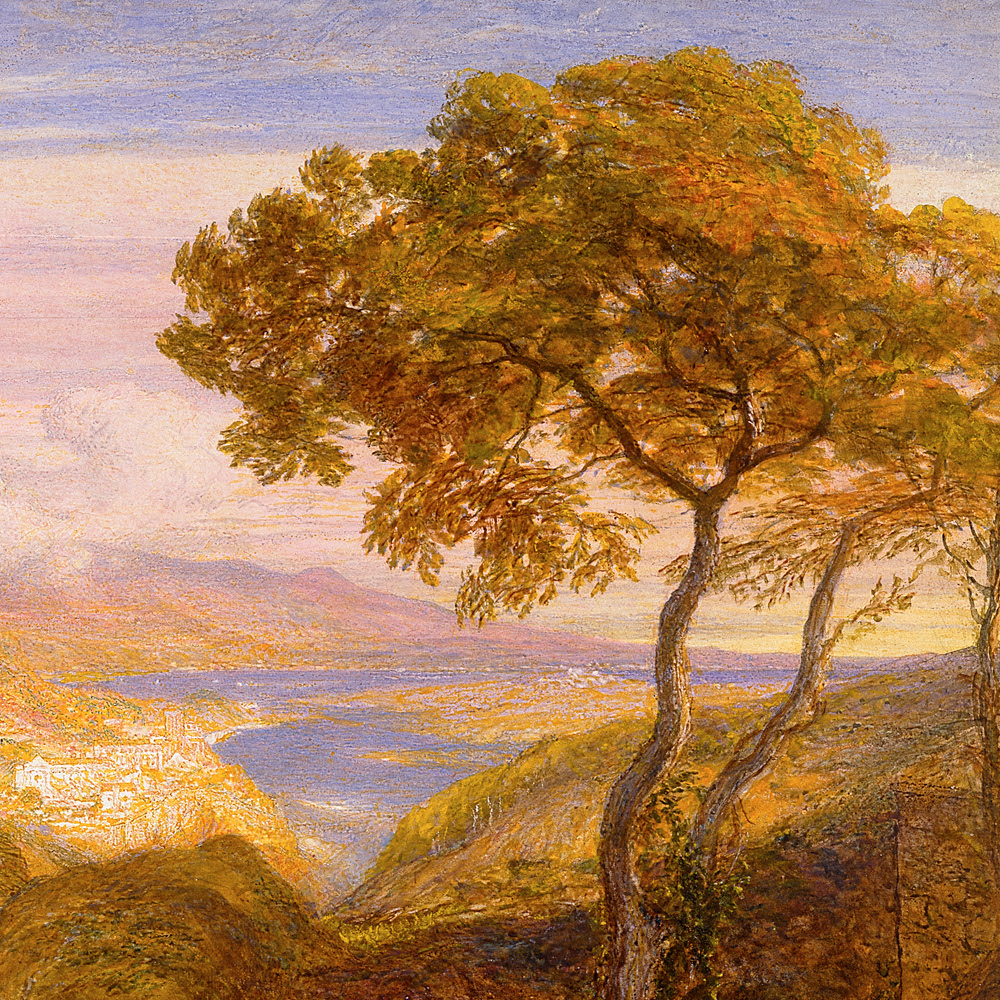 Detail from a landscape painting by Samuel Palmer, with a tree in the foreground