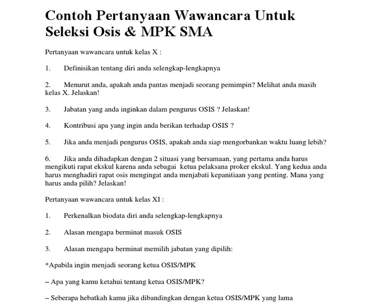 Tes Wawancara Osis Dan Jawabannya Jawaban Guru