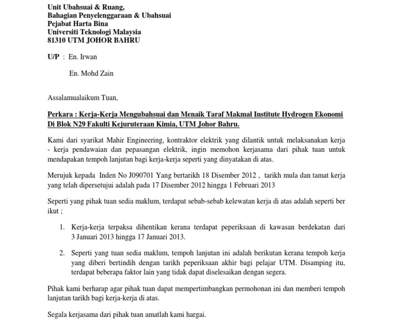 Surat Rayuan Lanjutan Kontrak - Jalan Moron