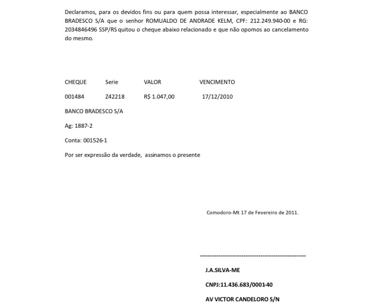 Carta De Anuencia Cheque Pessoa Juridica - Sample Site l