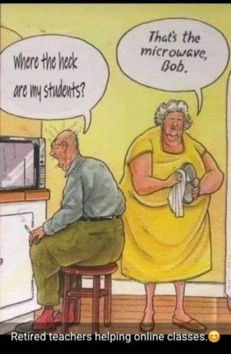Cartoon showing retired teacher not using tech correctly