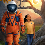 image of child walking with astronaut