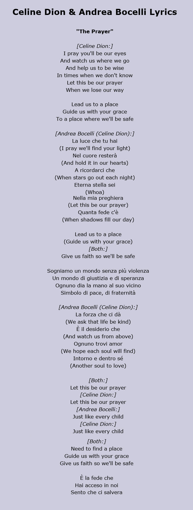 The Prayer Celine Dion Lyrics Andrea Bocelli Celine Dion Songs Age