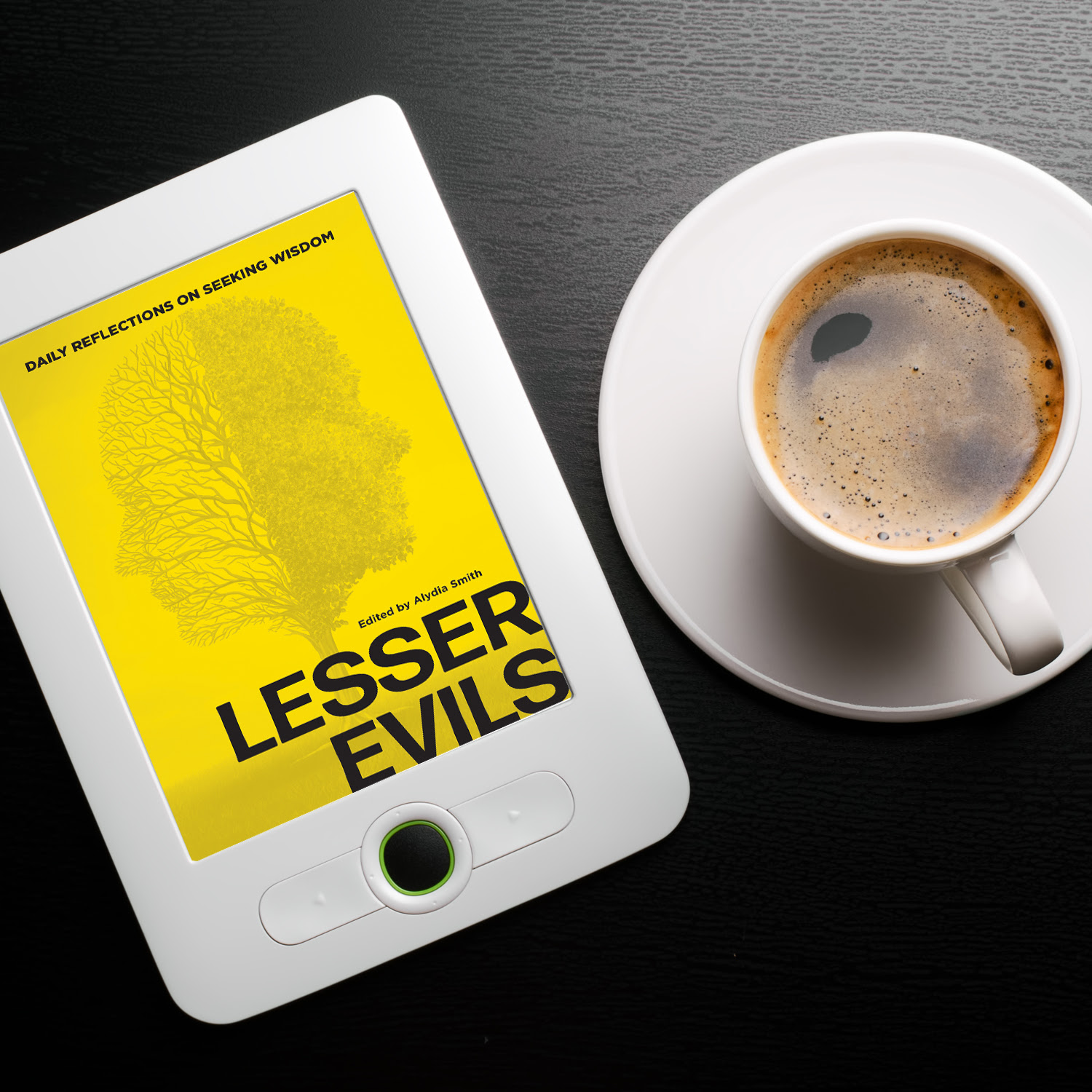 Flat lay photo of the Lesser Evils e-book and a cup of coffee.