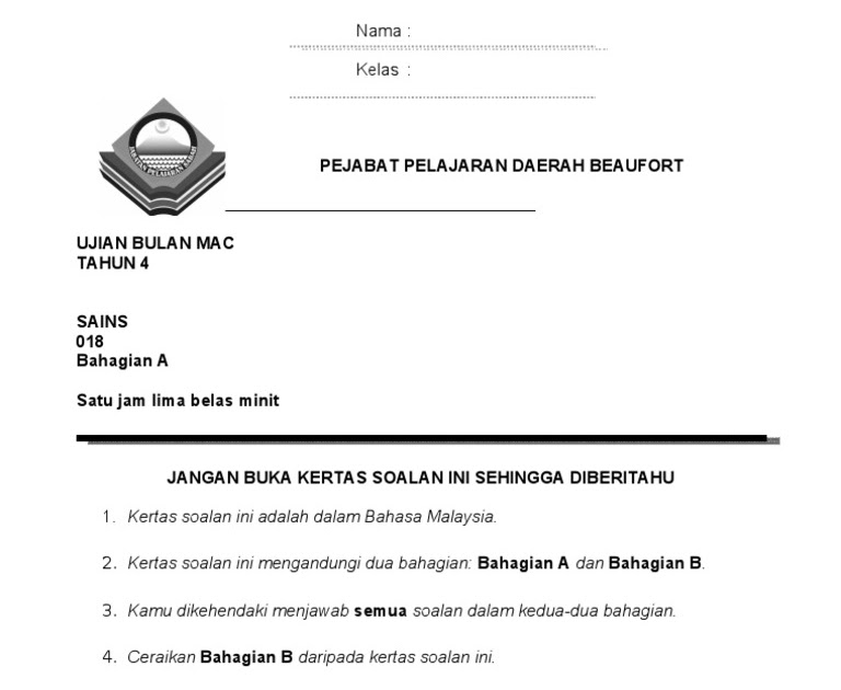 Soalan Ujian Bulan Mac Sains Tahun 5 2019 - Selangor m