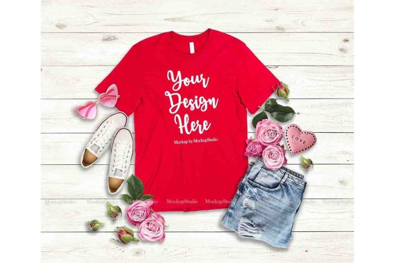 Download Free Red Valentine's Day Women T-Shirt Mock Up Flat Lay ...