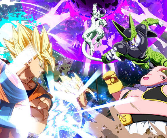 Anime-style fighters clashing in Dragon Ball FighterZ.