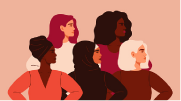 Illustration of five women from diverse backgrounds standing confidently and looking to the future. 