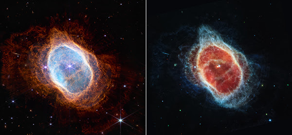 Two side-by-side images show the intricate details in the material surrounding a dying star.