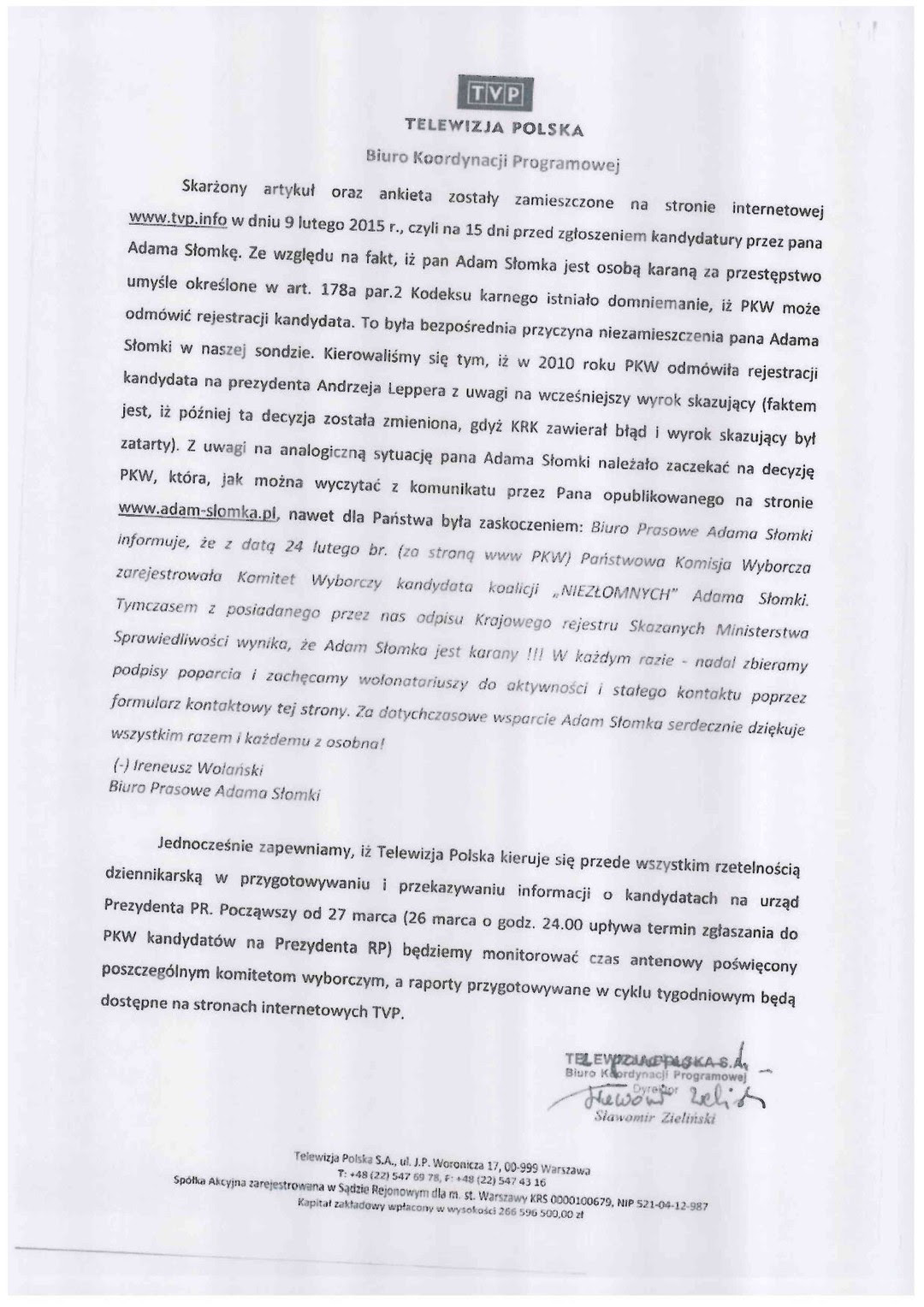 Pismo S. 
Zielińskiego z TVP do KRRiT w sprawie cenzurowania Adama Słomki, str. 2