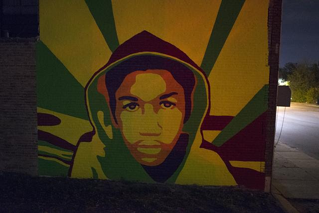 Trayvon Martin mural by Sean Marshall; inspired by Shepard Fairey's Obama poster, Hamilton at Tuxedo, 2013