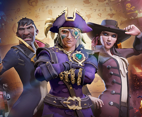 Three Sea of Thieves characters dressed as pirates.