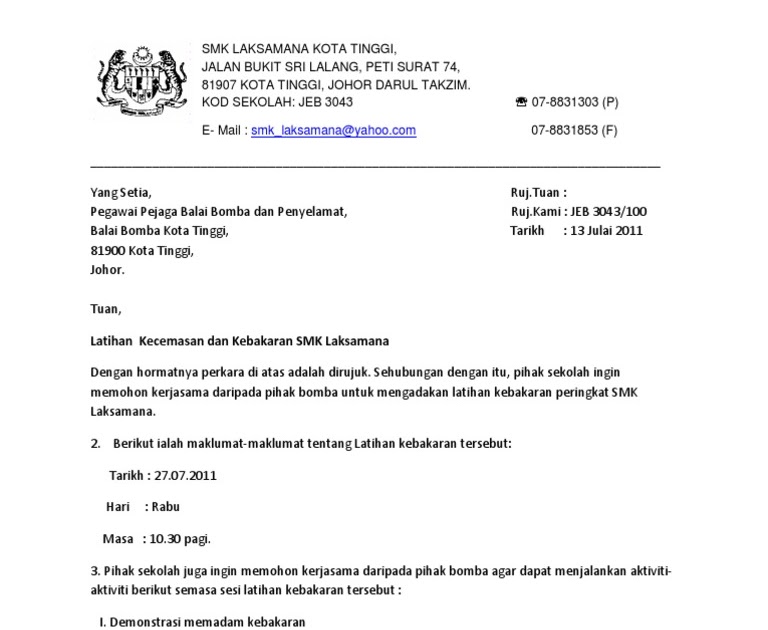 Surat Rasmi Permohonan Latihan Kebakaran - Terengganu n