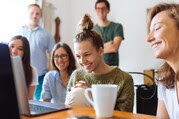 group watching video stock photo