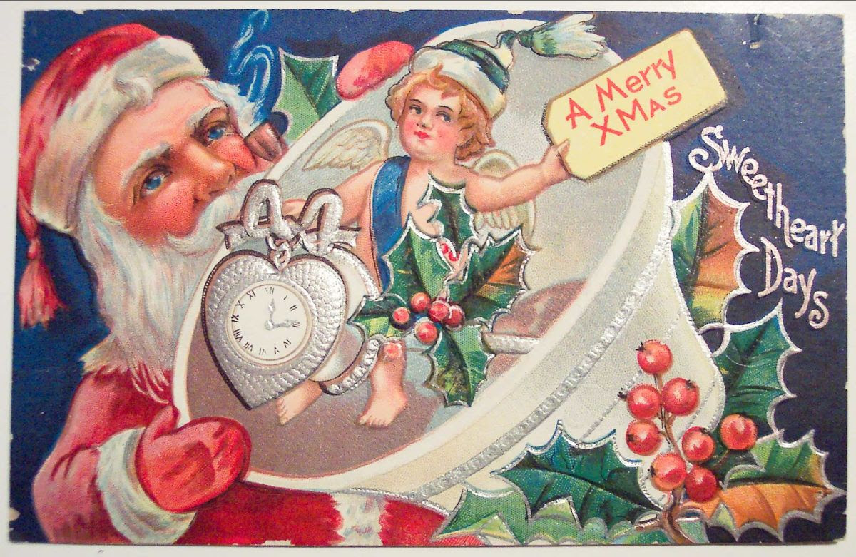 Vintage CHristmas card of Santa with bell.