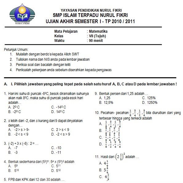 Kumpulan Soal UAS Matematika SMP Kelas 7 Semester 1 SoalUjian.Net