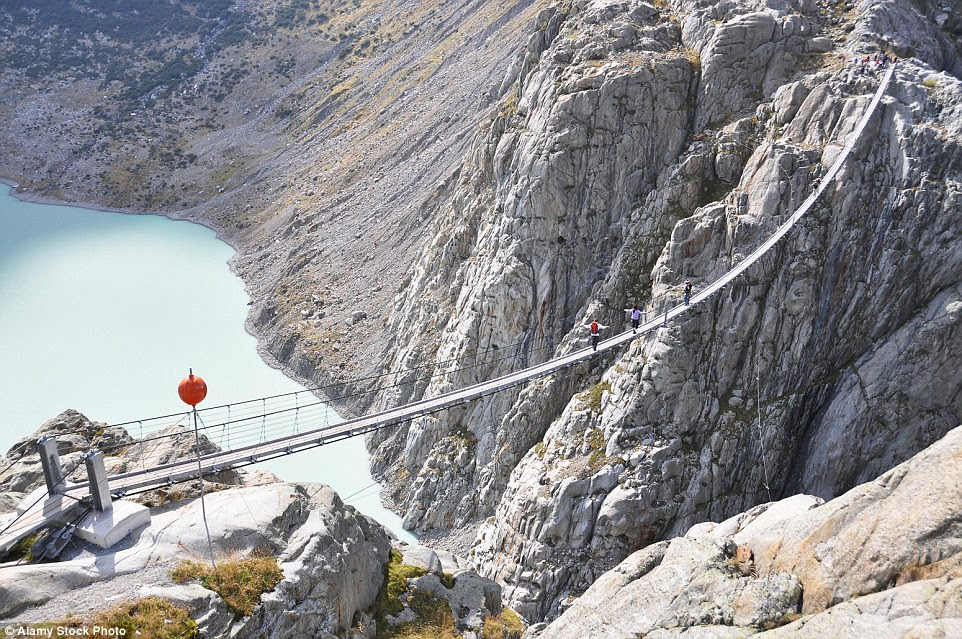 A long way to go: Trift Bridge in Switzerland is the longest pedestrian-only suspension bridge in the Alps at 557 feet in length