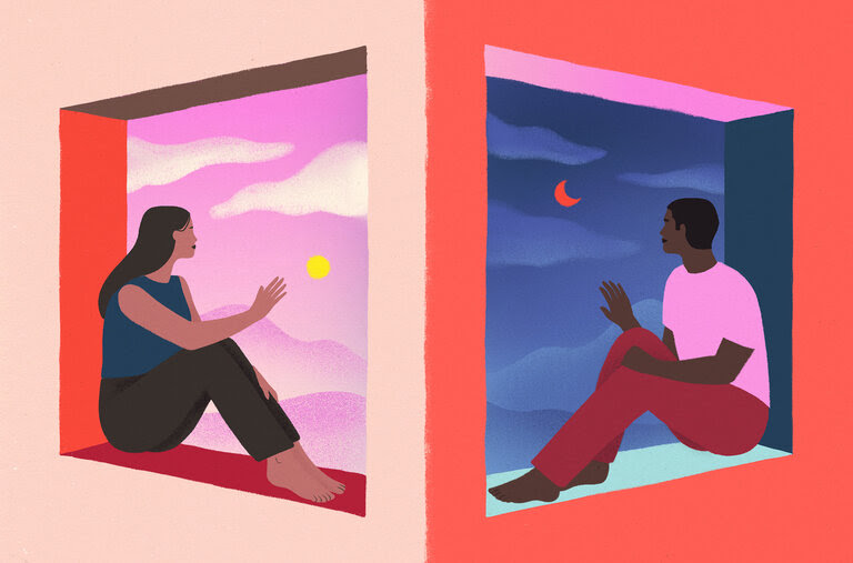 An illustration showing two people sitting in windows across from each another. One person is looking at the sun; the other person is looking at a crescent moon.