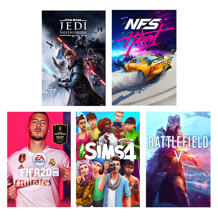 Cover art for Star Wars Jedi Fallen Order, Need for Speed Heat, FIFA 20, The Sims 4, and Battlefield V