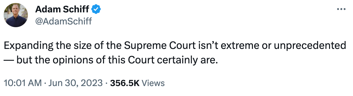 Tweet from Adam reads: Expanding the size of the Supreme Court isn't extreme or unprecedented — but the opinions of this Court certainly are