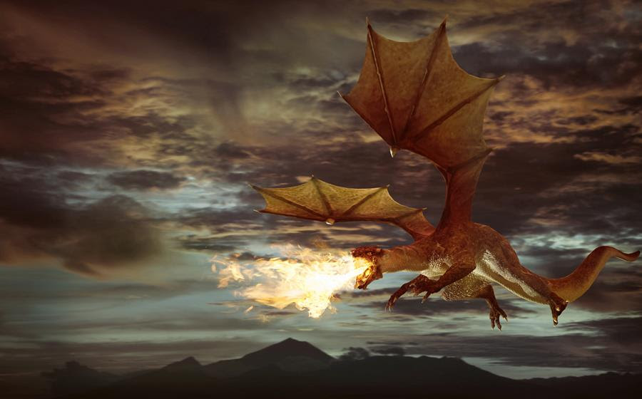 Fire-breathing dragon flies through twilight sky.