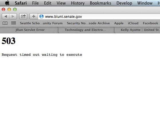 The website of Sen. Roy Blunt (R-MO), which was off line Wednesday afternoon. Multiple Senate.gov websites and email servers were offline. The cause was unknown.
