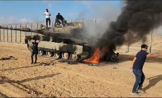 Captured Israeli tank on fire.