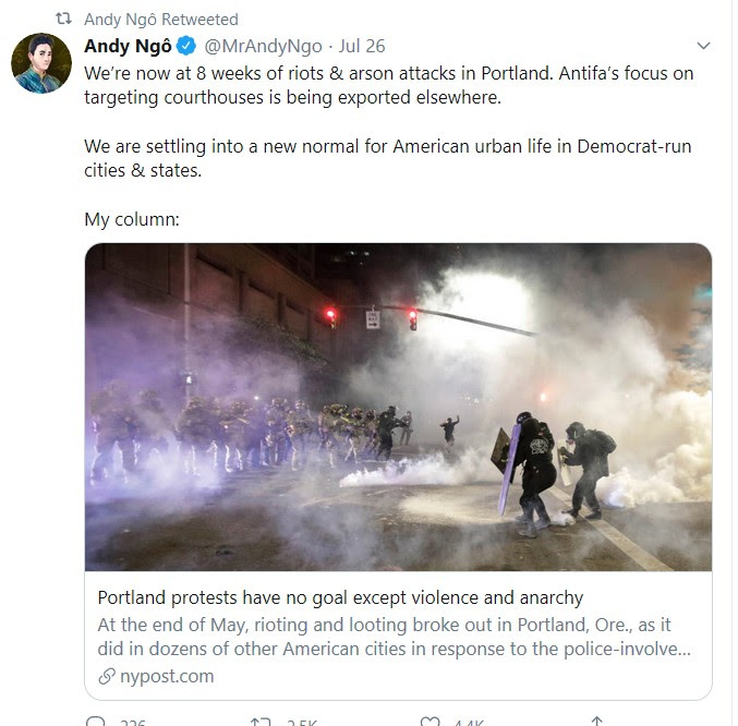 Screen capture of tweet showing Portland riots.