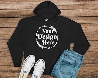 Download Gildan 18500 Hooded Sweatshirt Brand Black hoodie Mockup t ...