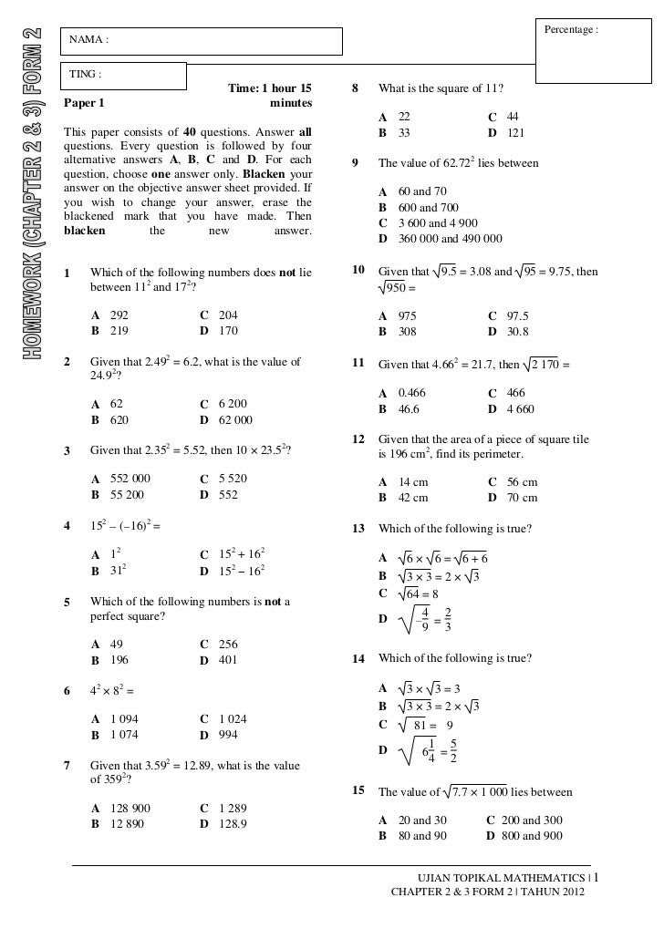 Contoh Soalan Matematik Form 2 - Naskah l